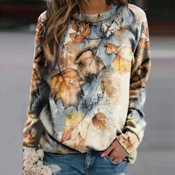 Attractive Leaf Print Long Sleeve Top