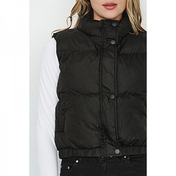 Black Crop Elastic Hem Puffer Gilet