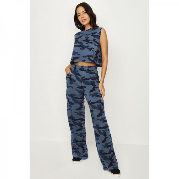 Blue Camo Camo Sleeveless Sweat & Cargo Jogger Set