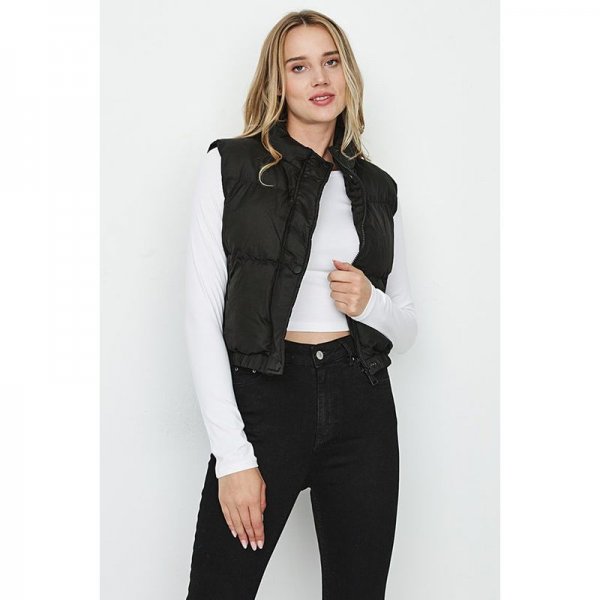 Black Crop Elastic Hem Puffer Gilet