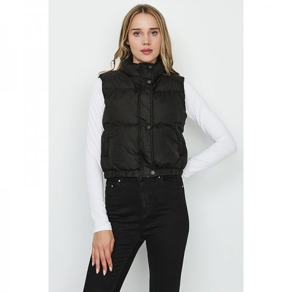 Black Crop Elastic Hem Puffer Gilet