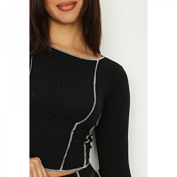 Black Contrast Stitch Ribbed Long Sleeve Top