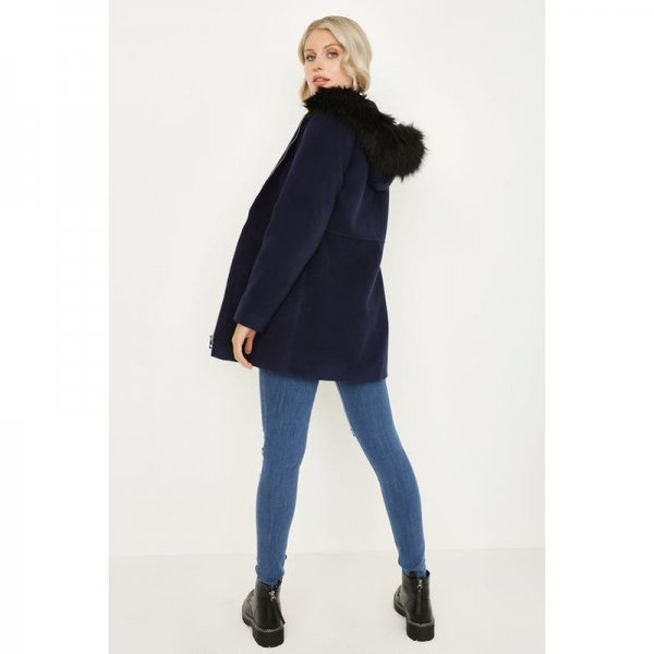 Navy Fur Trim Zip Front Duffle