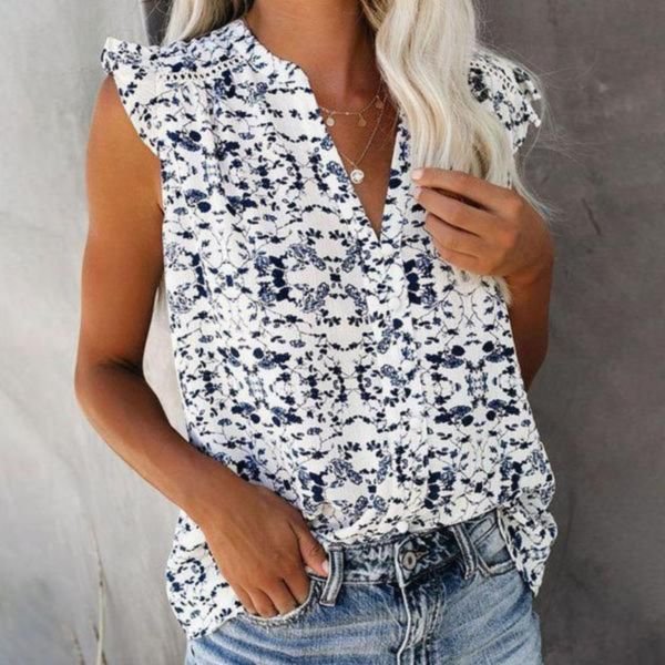 Fresh Print V-Neck Sleeveless Top