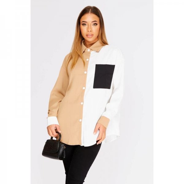 White Colour Block Relaxed Shirt