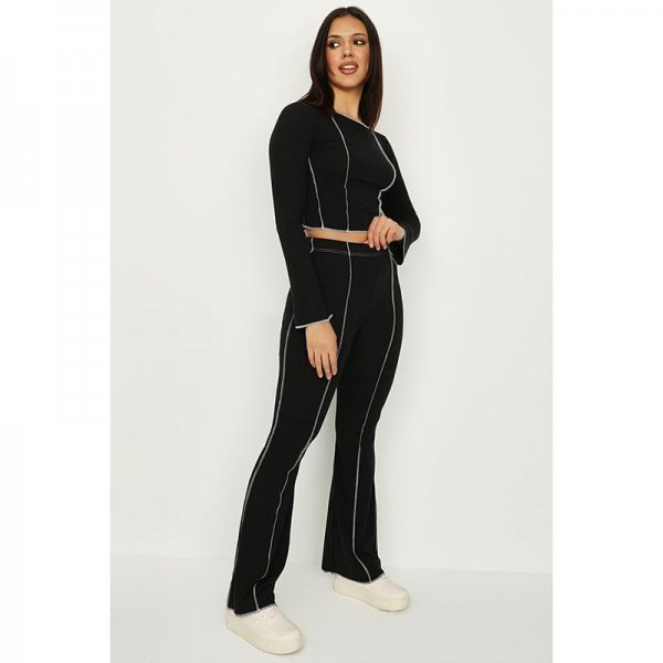 Black Contrast Stitch Ribbed Long Sleeve Top