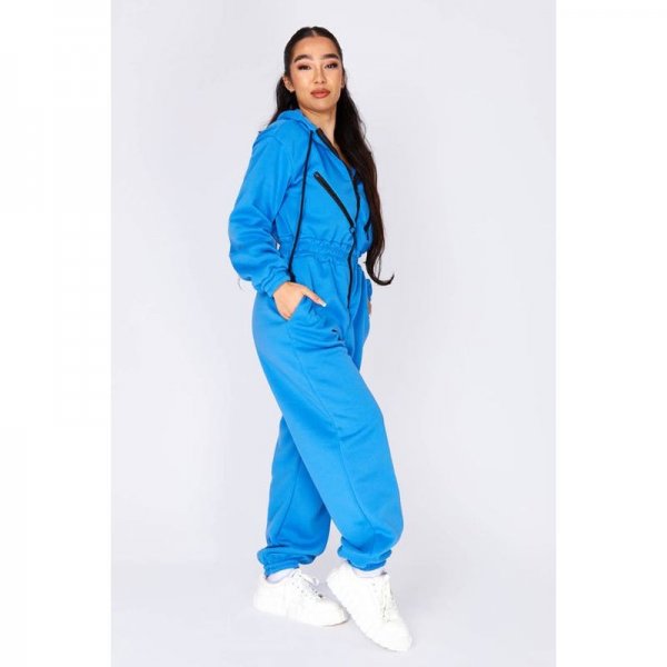 Blue Zip Detail Hooded Sweat Jumpsuit