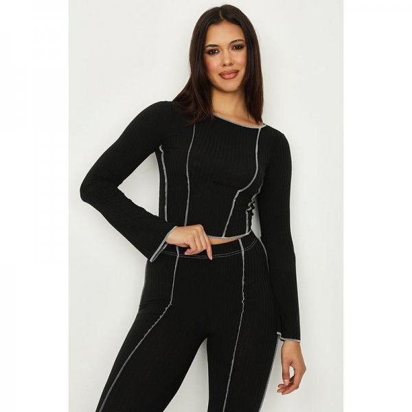 Black Contrast Stitch Ribbed Long Sleeve Top